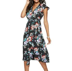 V NECK FULL WRAP FLORAL MIDI DRESS